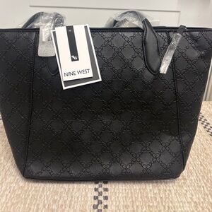 Nine West Black Embossed Tote Bag Faux Leather Quilted Pattern NWT